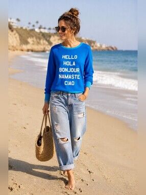 Wildfox Say Hello Baggy Beach Jumper Relaxed Pullover Sweatshirt Cozy Women's S